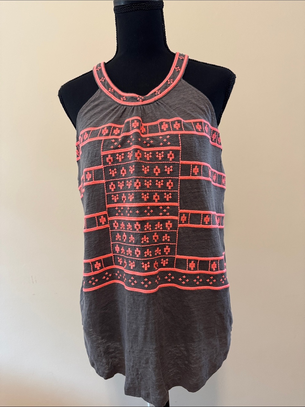 Sundance Charcoal Tank Top with Neon Coral Embroidery and beadwork.